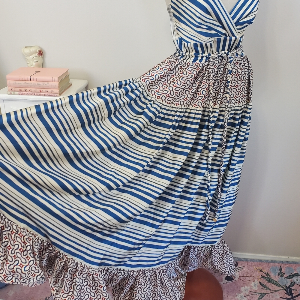 Silvia Tcherassi Butera Silk Maxi Dress Blue and White Stripes Large - Picture 6 of 10